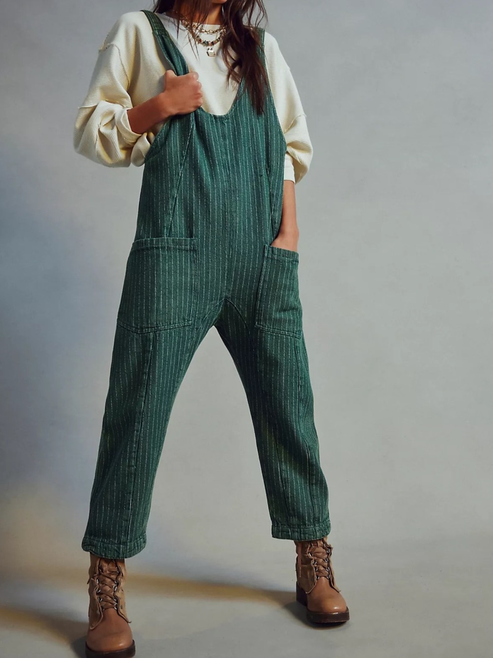 We the Free High Roller Mineral Wash Green Pinstripe Overall Jumpsuit M
